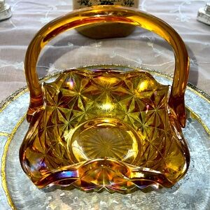 Indiana Glass Monticello pattern Square Basket, glass handle Orange red, amber
